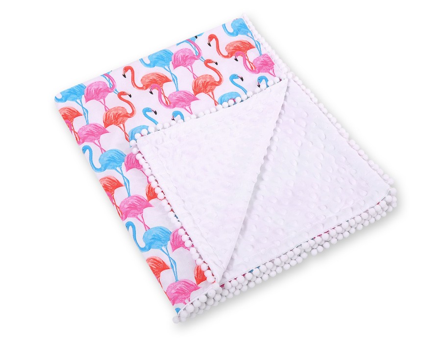 babashop.hu - BabyLion Prémium pom-pom takaró Minky - Fehér - Flamingo