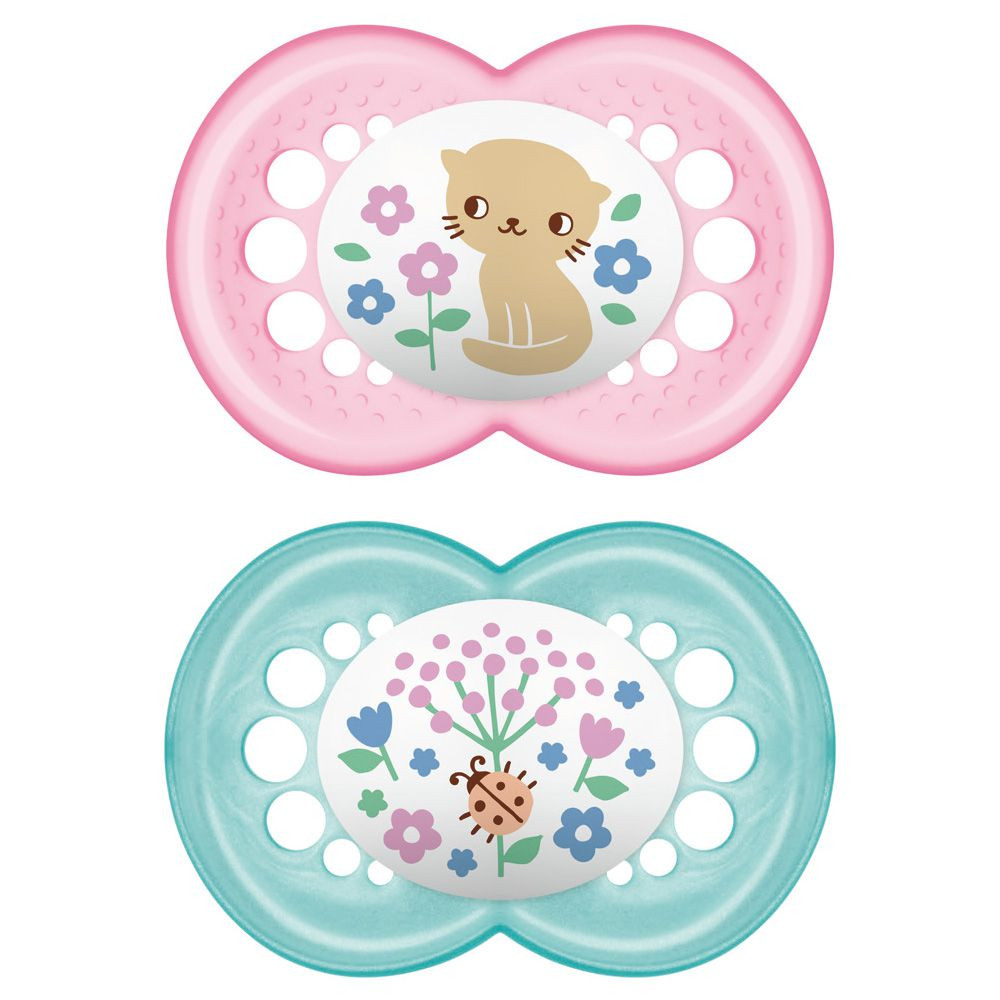 babashop.hu - MAM Original Garden szilikon cumi dupla 6h+ - Rózsaszín-lila - cica és virágok